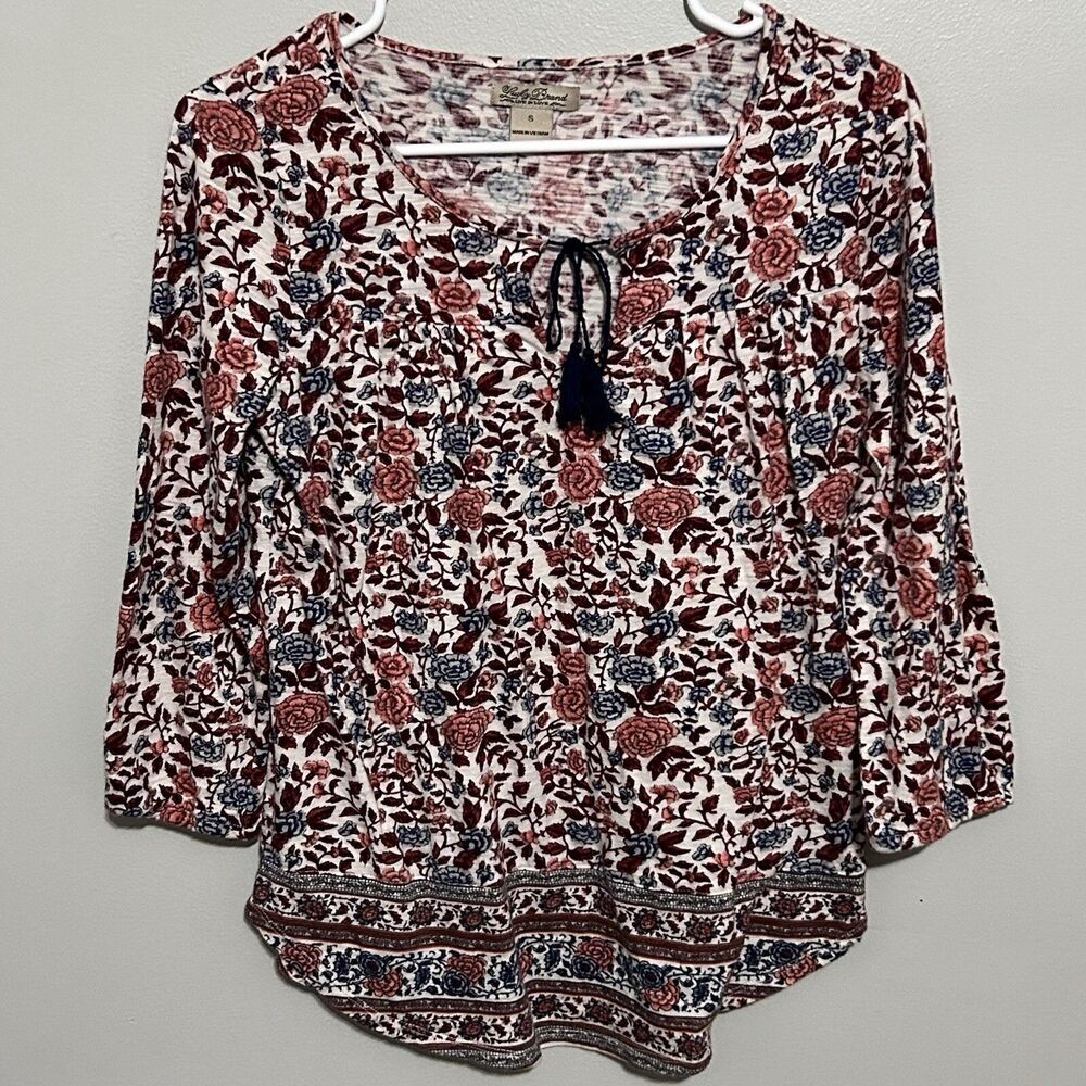 Lucky Brand Women's Tie Neck Peasant Boho 3/4 Sleeve Blouse White Floral (Sz S)